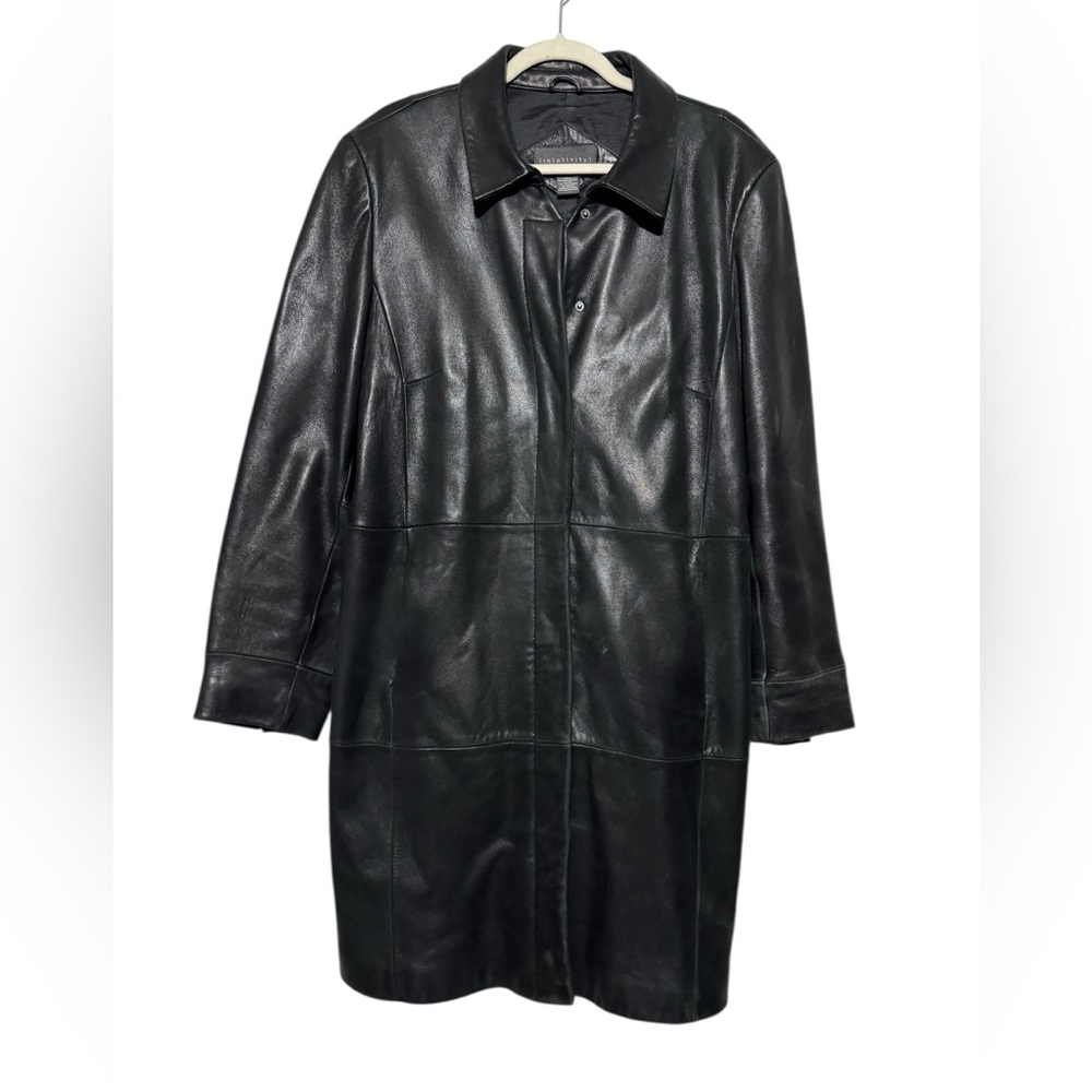 Relativity 100%‎ Leather Pack work Snap Button Long Line Trench Coat Size XL